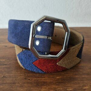 Vera Vintage 70s 80s Blue Red Tan Suede Leather Colorblock Hippie Belt S/28